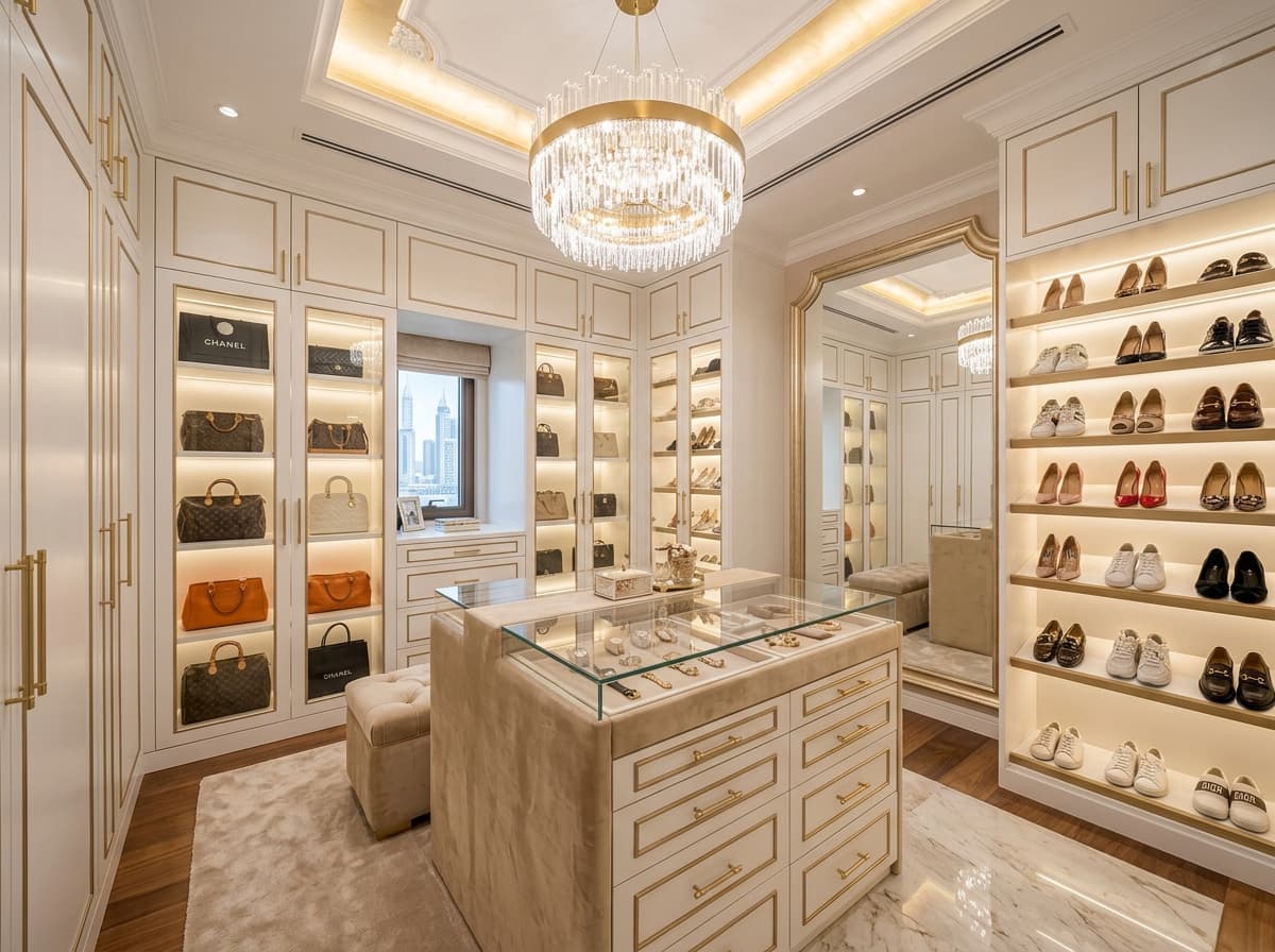 Floor-to-ceiling fitted wardrobe in Dubai home